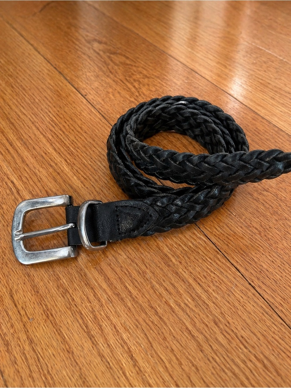 Braided Black Leather Belt with Silver Buckle
